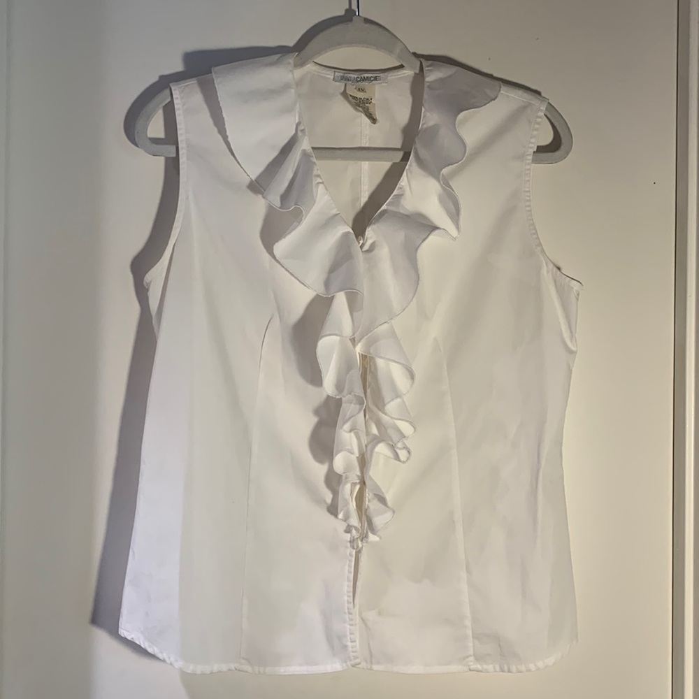 NARA CAMICHIE Italian White sleeveless blouse. Beautiful Classic Ruffles Cotton
